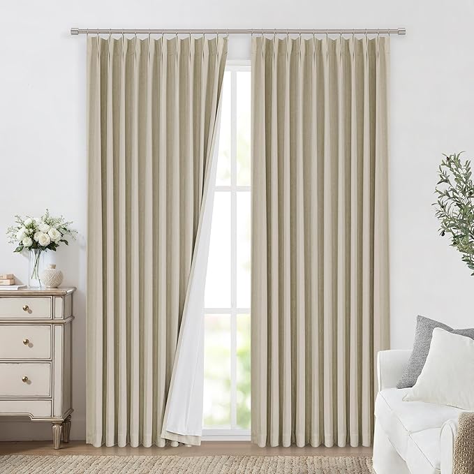 Vision Home Sand Pinch Pleated Full Blackout Curtains Linen Blended Room Darkening Window Curtains 90 inch for Living Room Bedroom Thermal Insulated Pinch Pleat Drapes with Hooks 1 Panel 60" Wx90 L
