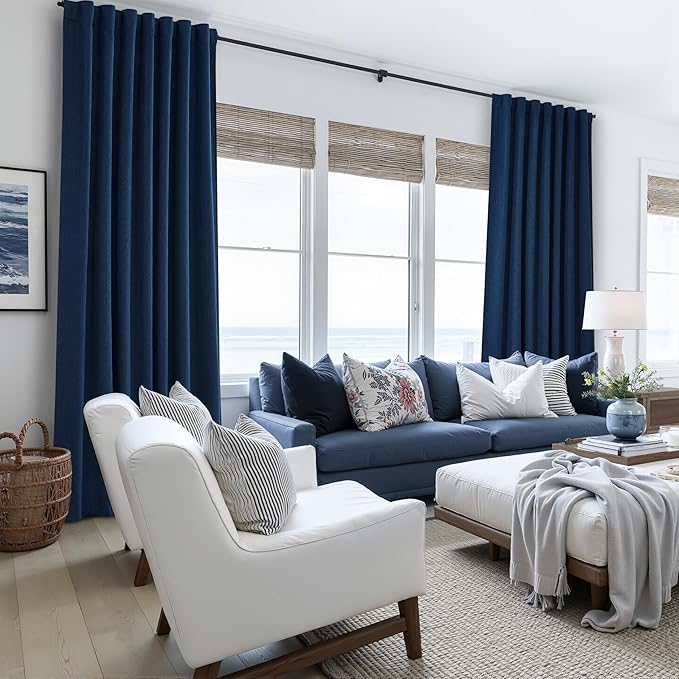 Navy Blue Blackout Curtains 108 Inch Length for Boys Rooms/Bedroom, Floor to Ceiling Track Pleated Drapes with Hooks Linen Thermal Coastal Curtain Dark Blue Window Burg 50"Wx108"Lx2Panels Back Tab
