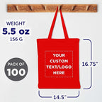 DISCOUNT PROMOS Custom Cotton Canvas Tote Bags Set of 100, Personalized Bulk Pack - Reusable, Great for Shopping, Grocery, Beach, Picnic, Wedding Favors - Red