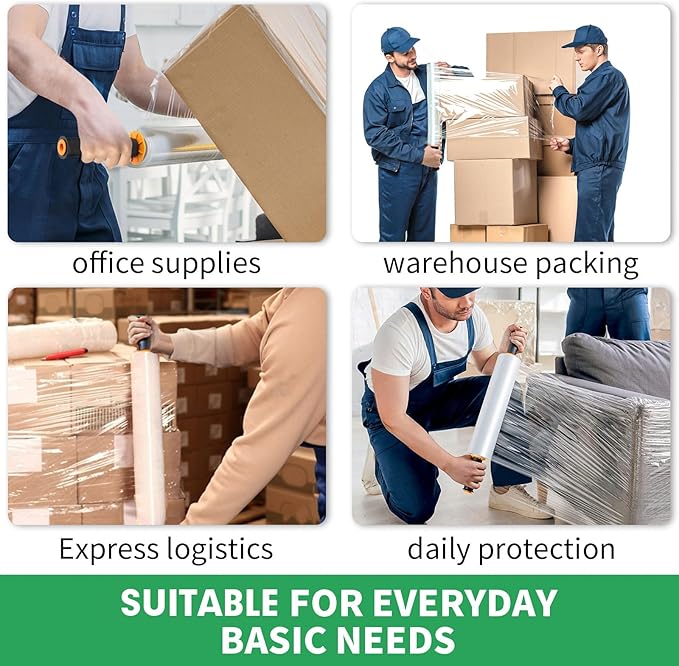 Stretch Film, HERKKA Stretch Wrap with Handles Industrial Strength, Moving Wrapping Plastic Roll, Shrink Wrap for Pallet Wrap, 15" x 1000 Feet, 3 Pack, 60 Gauge