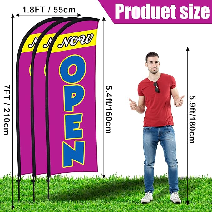 Buryeah 3 Sets Now Open Feather Flag Pole Kit for Business Advertising 7 ft Open Flag Banner Sign with Pole Kit Ground Stake and Portable Bag for Outside Ground (Lavender)