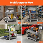 2 Tier Plastic Rolling Utility Cart on Wheels, Heavy Duty Tool Cart with Deep Shelves and 360° Swivel Wheels Holds up to 550 lbs, Service Cart for Garage, Warehouse, Cleaning (Grey-L-Flat Top)