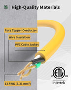 25Ft 12/3 Outdoor Extension Cord with 3-Outlets, Heavy Duty 12 Gauge 3 Prong Extension Cord Waterproof with Lighted end, 15A 12AWG 1875W SJTW, ETL Listed - Great for Garage, Garden and Home, Yellow