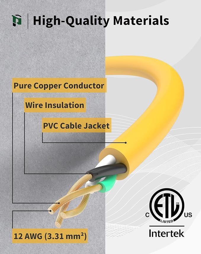 10Ft 12 Gauge Outdoor Extension Cord with 3-Outlets, Heavy Duty 3 Prong Extension Cord Waterproof with Lighted end, 15A SJTW, ETL Listed, Yellow