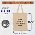 DISCOUNT PROMOS Custom Cotton Canvas Tote Bags Set of 100, Personalized Bulk Pack - Reusable, Great for Shopping, Grocery, Beach, Picnic, Wedding Favors - Natural