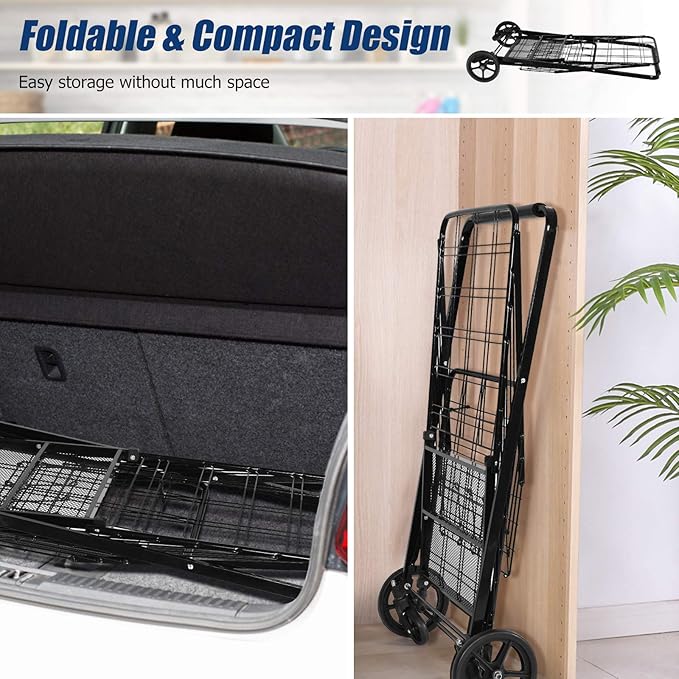 Goplus Folding Shopping Cart, Jumbo Double Basket Utility Grocery Cart 330lbs Capacity with 360° Rolling Swivel Wheels, Portable Heavy Duty Cart for Laundry Shopping Grocery