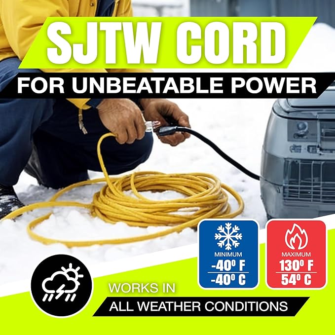 50ft Outdoor/Indoor Extension Cord 14/3 Gauge Heavy Duty 3 Prong SJTW, Waterproof, Flexible Cold-Resistant Long Power Cord,15A 125V 1875W, Yellow by LifeSupplyUSA
