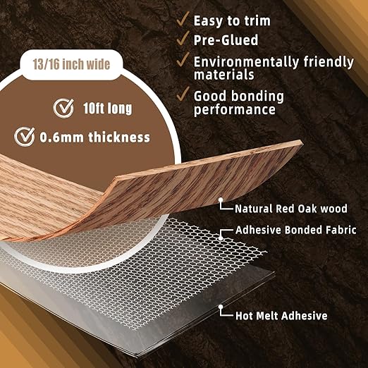 GSCIT Club Red Oak Edge Banding, 13/16 inch x 10ft roll of Veneer Edge Banding -Pre-glued Flexible, Real Wood Tape Banding for Cabinet Repair Furniture Restoration