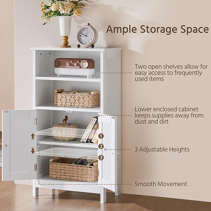 Yaheetech Bathroom Floor Cabinet, Free Standing Cabinet with Double Door and Adjustable Shelf, Side Tall Storage Organizer for Living Room/Kitchen/Hallway/Home Office, White