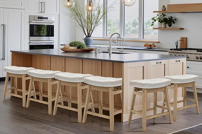 White Bar Stool for Kitchen Counter Island Counter Height Farmhouse Modern Barstool with Faux Leather Upholstered Backless Seat and Solid Wood Legs 24 inch Bar Chair