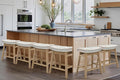 Counter Height White Bar Stools Set of 6 for Kitchen Counter Farmhouse Modern Barstools with Faux Leather Upholstered Backless Seat and Solid Wood Legs 24 inch Bar Chairs, White + Wood Color