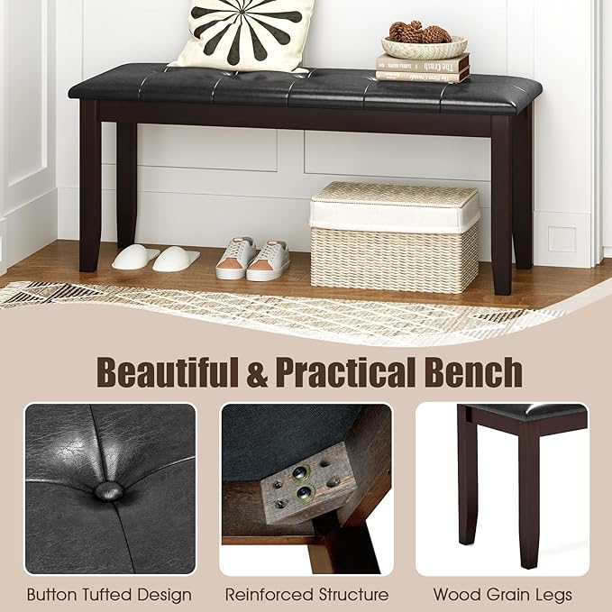 Giantex Button-Tufted Dining Bench, 45.5' PU Leather Upholstered Padded Bench for Bedroom Kitchen Living Room & Entryway, Solid Rubber Wood Legs, Supports Up to 400 Lbs