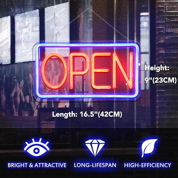 Open Signs for Business,Neon Open Sign Led,16.5"x 9",with Open/Closed Bussiness Hour Sign Set,Light for Bar Coffee Salon Store Window,12V/2A Adapter with ON/OFF Switch (Blue/Red Horizontal)