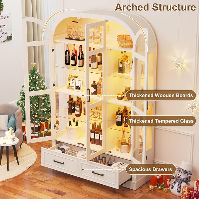 Arched Display Cabinet with 3 Glass Doors,5-Tier Curio Cabinet W/3 Color Lights for Collectibles,78'' Tall Curio Cabinet W/2 Drawers,Modern Display Case W/Human Body Sensor for Living/Game Room,Arche