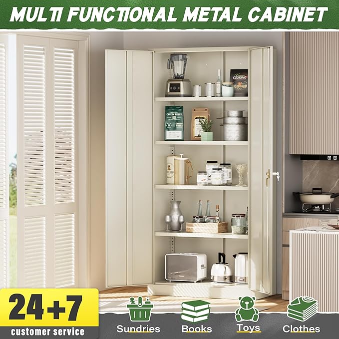 Greenvelly Metal Storage Cabinet, 72" Gray Steel Garage Cabinet with Doors and Adjustable Shelves, Metal Cabinet with Lock,Garage Cabinets and Storage System for Garage,Home Office,School