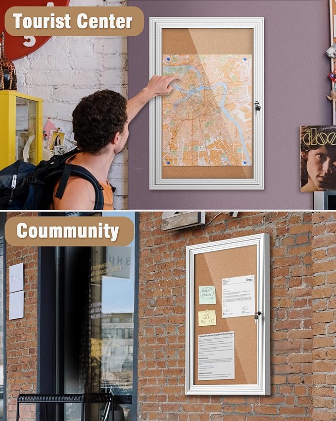 Mifuro 36"x24" Enclosed Bulletin Board, Outdoor Lockable Weather-Resistant Aluminum Cork Noticeboard for School & Office, Silver Frame w/Cork
