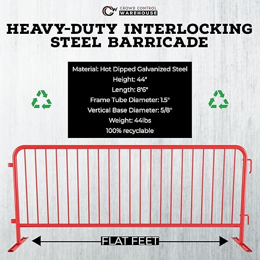 Angry Bull Barricades Metal Interlocking Steel Barricade (8.5 Ft. Heavy Duty, Flat Feet, Red Powder Coated, Set of 10)
