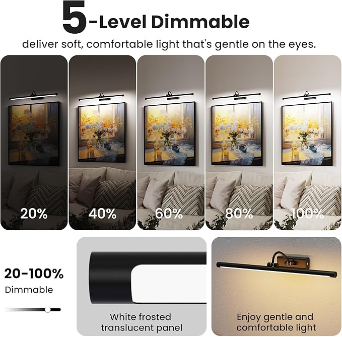 24" Picture Light with 8000mAh Battery - Black Operated Wireless Wall Sconce with Remote & Timer for Large Paintings, Photo, Canvas & Artwork