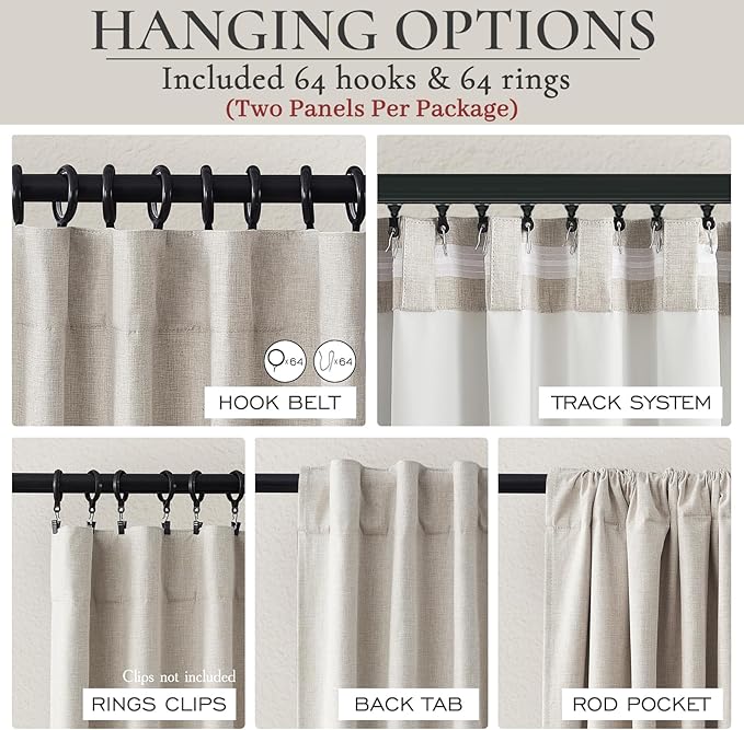 Extra Wide 100 Inch Blackout Curtains 96 Inches Long for Living Room, Rustic Boho Room Darkening Textured Linen Pleated Dining Room Office Insulated Ceiling Track Window Drapes 100"W x 96"L 2 Panels