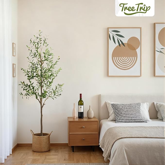 Artificial Olive Tree 6FT, Tall Faux Olive Trees for Indoor Outdoor, Realistic Potted Plant Natural Wood Trunk, Leaves and Fruits for Home Office Decor (1, 6FT)