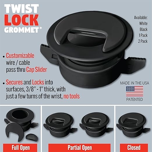 2PK Black Patented: Only Cable, Wire, Cord Management Tool-Free Self-Securing/Locking Grommet and with Cap Slider, for Walls, Ceilings, Desks - Used for All Surfaces 3/8" to 1" Thick. Made in USA