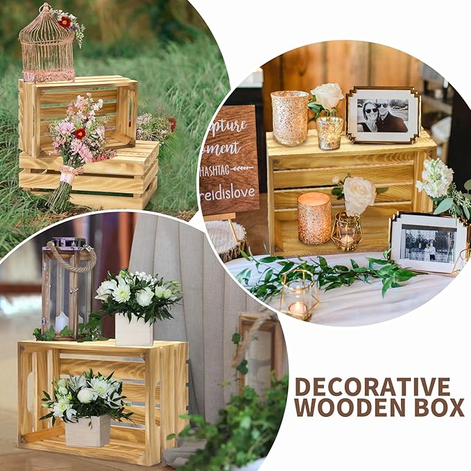 Wooden Crates for Display 6 Pack Large Rustic Nesting Wooden Basket with Handle, Decorative Farmhouse Wood Crate for Storage and Container, 6 Size Wood Basket Decor Boxes