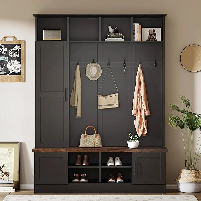 Merax Farmhouse Wood Hall Tree with Shoe Bench and 2 Drawers, 4-in-1 Coat Rack with 6 Hooks for Entrance, Hallway, Mudroom Black