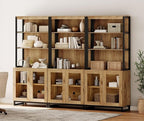 WAMPAT 3 PCS Modern 72" Tall Bookcases with Glass Doors and Adjustable Shelves, Library Book Shelf with Storage Cabinet and Open Book Shelfs, Wood Bookshelves for Home Office, Living Room, Oak