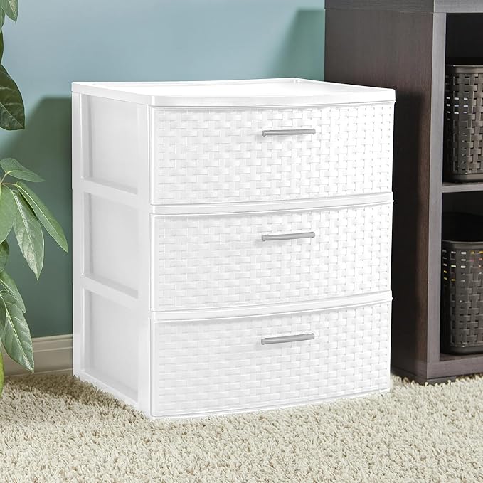 3-Drawer Wide Weave Tower, Plastic Storage Box with Pull Handles, Decorative Cabinet for Bedroom, Bathroom & Office, White