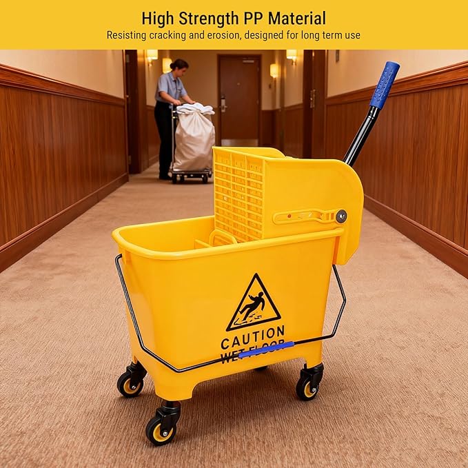 Diydeg Commercial Mop Bucket, 20L Heavy Duty Mop Buckets with Side Press Wringer, Wheels and Handle, Efficient Sturdy Industrial Mop Buckets for Floor Cleaning and Mopping