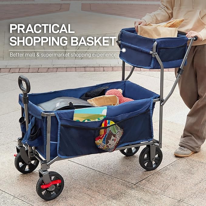 EVER ADVANCED Collapsible Push & Pull Shopping Cart with Wheels & Brakes, Foldable Wagon for Groceries with Practical Basket, Side Pockets & Cup Holders, Beach Utility Rolling Cart for Camping, Blue