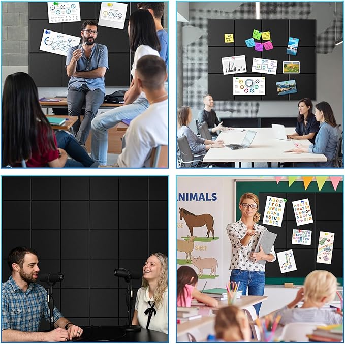 Large Cork Board for Wall 47"x 35", 12 Pack Black Bulletin Board, Felt Wall Tiles with 72 Safe Removable Adhesive Tabs, 60 Push Pins, Cork Boards for Home Office Pin Board Tack Board