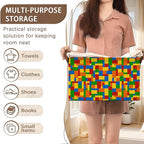Colorful Building Blocks Storage Basket Large 17x11.5x10.5 Inche-Collapsible Fabric Organizer Bin with Handles for Kids Room, Toys, Playroom-Decorative Hamper with Educational Block-Single Pack