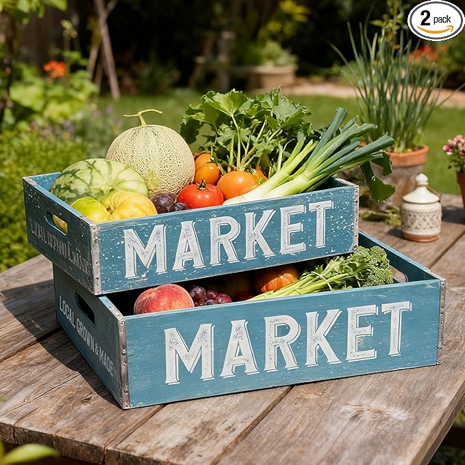 Extra Large Wooden Crate Set of 2 Rustic Wood Storage Crates Farmhouse Nesting Wooden Crate Basket Vintage Home Decorative Boxes with Handles for Display (Blue)