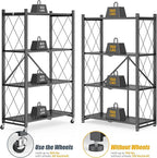 4-Tier Folding Metal Storage Shelf with Wheels, No Assembly Organizer Rack, Heavy Duty Collapsible Shelving Unit for Garage, Kitchen, Basement, Pantry, Living Room(New Upgrade - Black, 4 Tier)