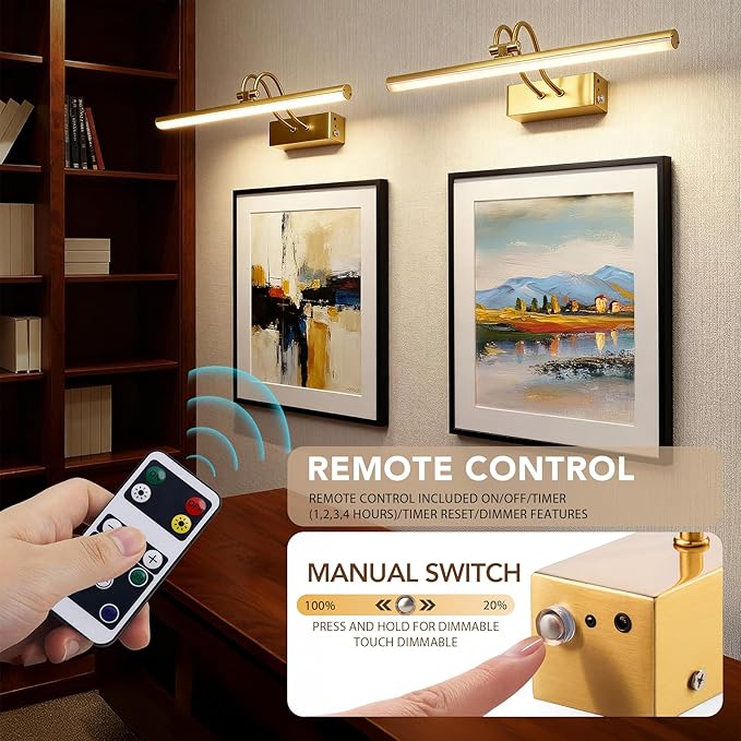 Picture Light,Picture Lights for Wall Cordless,2PK Picture Lights with Timer and Dimmable,13" Battery Wall Lights for Display Gallery Painting Art Frame Portrait-Copper