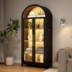 Vlsrka 71" Arched Display Cabinet with Glass Doors, Curio Cabinet with LED Light & Human Sensor, 5-Tier Display Cases for Collectibles, Storage Cabinet with Ajustable Shelf for Living Room(Black+Wood)