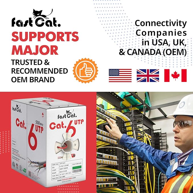 fast Cat. Cat6 Ethernet Cable 1000ft - 23 AWG, CMR, Insulated Solid Bare Copper Wire Cat 6 Cable with Noise Reducing Cross Separator - 550MHZ / 10 Gigabit Speed UTP LAN Cat6 Cable 1000ft - CMR (Red)