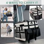 Large Rolling Cleaning Caddy Bag with Wheels, with Detachable Trolley, Cleaning Bags on Wheels for Housekeepers, Cleaning Cart Supplies Organizer for Home, Car, Picnic (Beige)