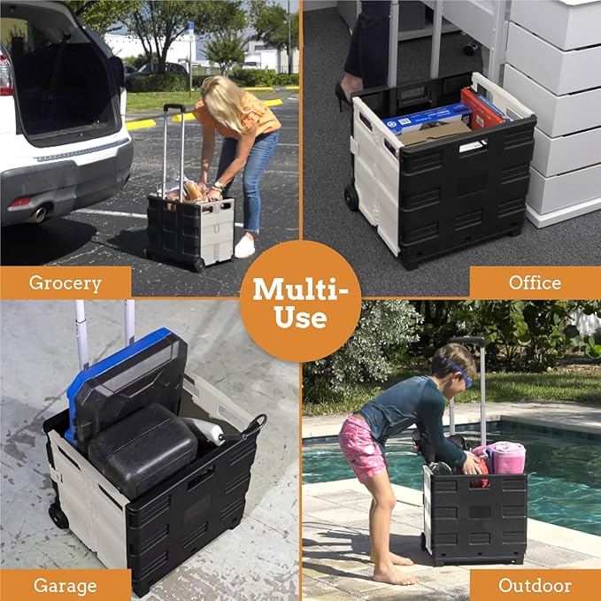 Inspired Living Ultra-Slim Rolling Collapsible Storage Pack-N-Roll Utility-carts, with Telescopic Handle, for Home, Garden, Shopping, Office, School use, Medium, White & Black