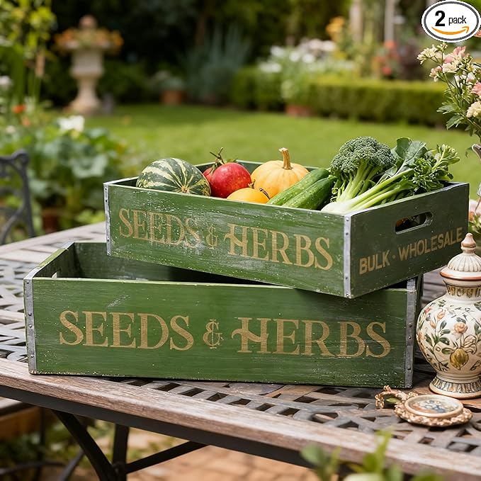 Extra Large Wooden Crate Set of 2 Rustic Wood Storage Crates Farmhouse Nesting Wooden Crate Basket Vintage Home Decorative Boxes with Handles for Display (Green)