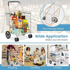 COSTWAY Folding Shopping Cart, Metal Grocery Cart with Extra Basket, 360° Swiveling Front Wheels & Comfortable Handle, Light Weight Collapsible Utility Cart for Laundry, Camping (Silver)