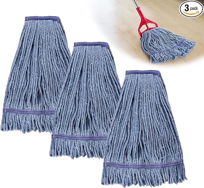 Commercial Mop Head Replacement,Industrial Wet Mop Refills with Cotton Looped End String for Floor Cleaning Heavy Duty,Pack of 3,Blue