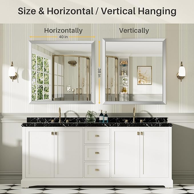 40x38 Inch Brushed Nickel Bathroom Mirror for Wall, Thick Metal Framed Rectangle Mirrors for Over Sink, Bedroom, Living Room, Entryway, Anti-Rust, HD Tempered Glass