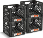 Juggernaut 16 Quart Storage Crate, Milk Crate Plastic Basket w/ 4 Handles, Organizer Bins for Office Storage & Classroom Organization, 4-Pack, Black