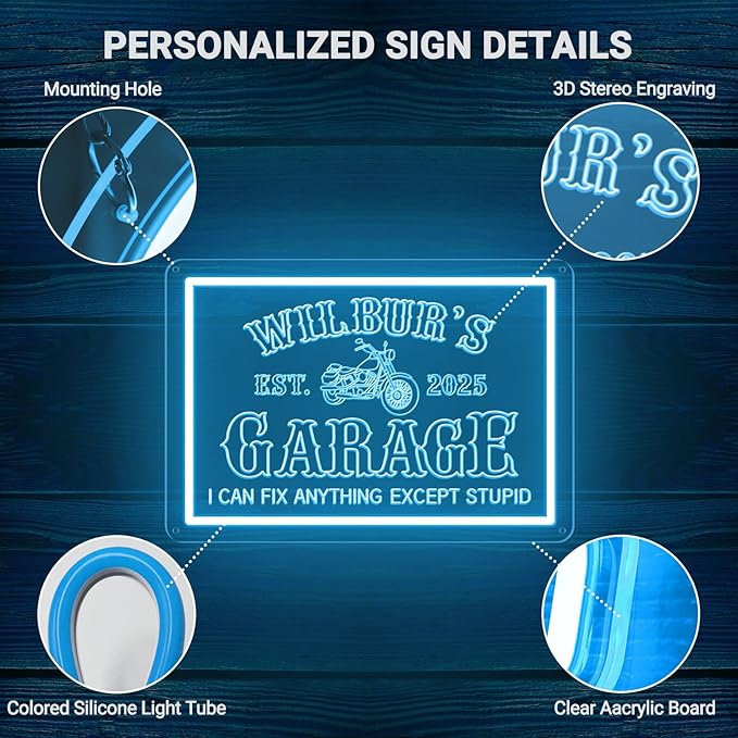 Custom Garage Neon Sign for Workshop, Personalized LED Neon Lights Motorcycle Signs for Wall Decor, Customized Garage Light Up Signs for Carport Repair Shop Carbarn Man Cave Business, Men Dad Gifts