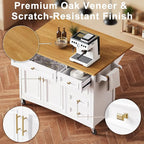 52" Retro Kitchen Island with Storage, Embossed Texture Kitchen Island on Wheels with Drop Leaf, Adjustable Shelf & Oak Veneer Tabletop, Spice/Towel Rack, White