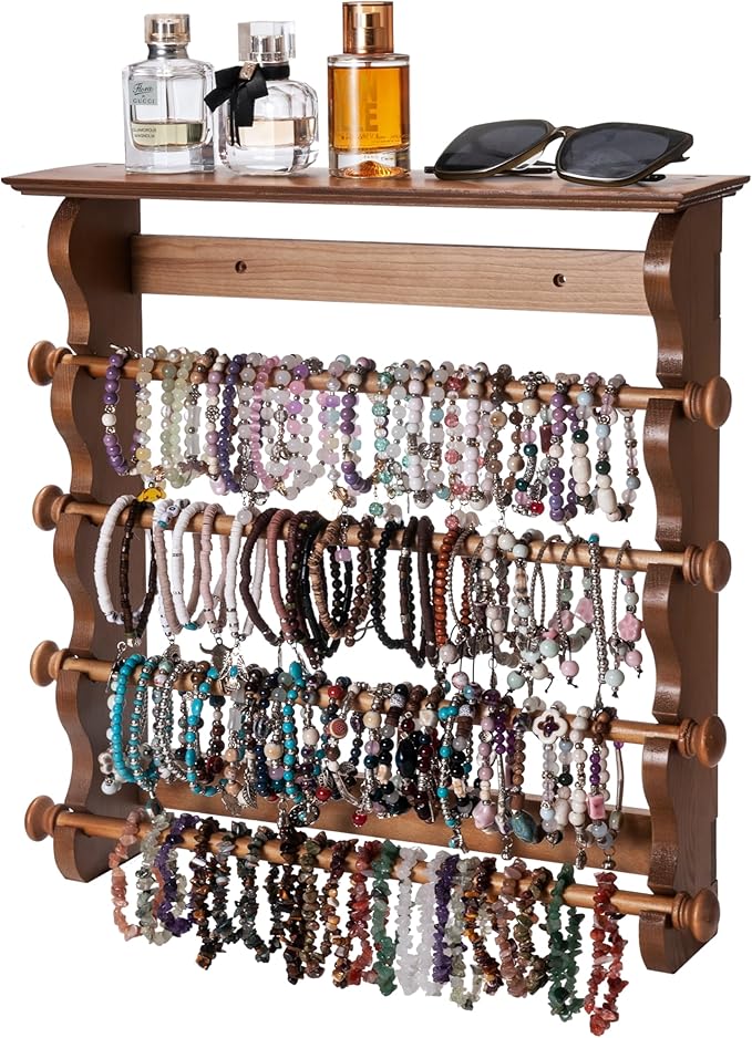 Donmills 4-Tier Wall-Mounted Wooden Bracelet Holder – Brown Jewelry Display Rack with Top Shelf for Perfume, Sunglasses & Accessories – Hanging Organizer for Bracelets, Bangles, Watches & Necklaces