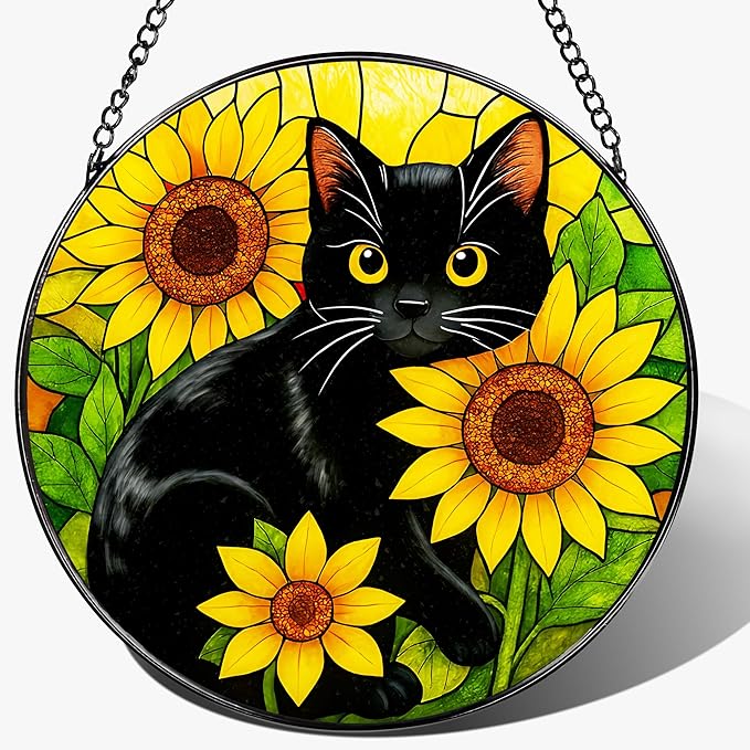 Stained Glass Window Hanging, 8 Inch Black Cat Sun Catcher, Suncatchers for Windows, Sunlight Catcher Glass, Window Hanging Decor, Gifts for Cats Lovers, Mom Gift, Black Cat Decor Gifts