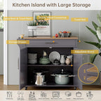 Wood Kitchen Island with Storage, Wooden Rolling Kitchen Island On Wheels with Countertop, Mobile Kitchen Island Cart with Towel Rack, Spice Rack, Adjustable Shelf and Drawers, Grey